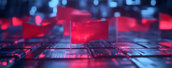 Poster - A close-up view of translucent red flags on a tech-inspired surface. The glowing blue background highlights the vibrant colors and intricate details of the digital landscape.