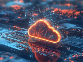 Poster - A vibrant illustration of a cloud icon symbolizing cloud computing, surrounded by digital data streams and circuits, reflecting the modern tech landscape and innovation in data man