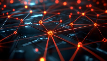 Poster - Close-up view of a digital network with illuminated red nodes interconnected by lines, representing advanced technology and data transfer in modern systems.