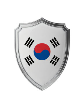  3D rendering showcasing a shield adorned with the Korean flag, symbolizing protection, strength, and national security