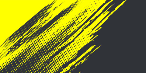 Poster - Dots halftone yellow and dark blue color pattern gradient grunge texture background. Dots pop art sport style vector illustration.