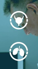 Poster - Animation of medical icons over caucasian male doctor examining in lab