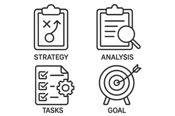 Poster - Action plan icon set for business project management. Contains strategy, analysis, tasks, and goal symbols. Thin line style icons for web and mobile app development visuals.