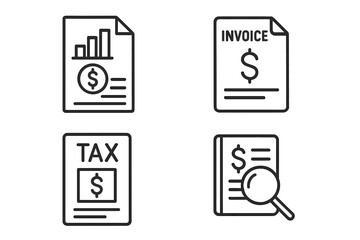 Poster - Set of 4 accounting and audit icons in line style. Includes finance report, invoice, tax return, and audit magnifying glass. Perfect for finance, business, and app design.