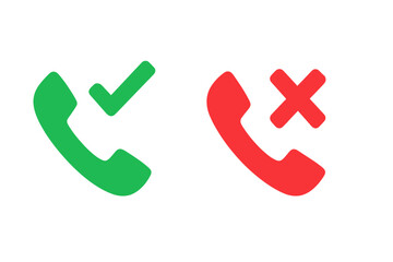 Poster - Accept and decline call icons for mobile app UI. Green check mark and red cross with phone symbol. Vector illustration for smartphone interface and communication app buttons