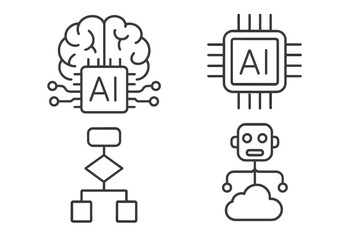 Poster - Artificial intelligence line icon set. AI technology concepts. Machine learning, brain, processor chip, algorithm flowchart, and cloud computing robot vector icons for web.