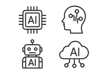 Poster - Artificial intelligence set of 4 web icons in line style, AI technology symbols for web and mobile apps, machine learning, digital AI, algorithm, smart technology, robotics