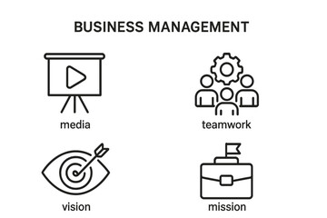 Poster - Business management icons set of 4 in line style, media, teamwork, vision, mission, management and planning symbols for web & mobile app design, strategy and business concept