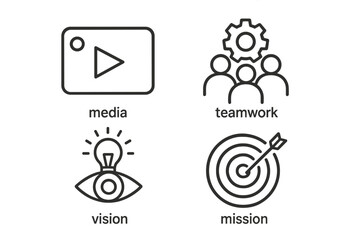 Leinwandbilder - Business management icons in line style. Media player, teamwork collaboration, creative vision, mission target concept. For business planning, strategy, startup, mobile app.
