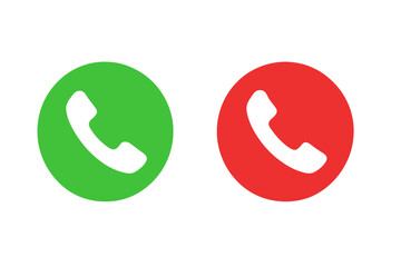 Poster - Green and red phone call icons for mobile app UI. Incoming and outgoing call buttons. Telephone symbol for accept and reject call. Communication interface vector on dark background
