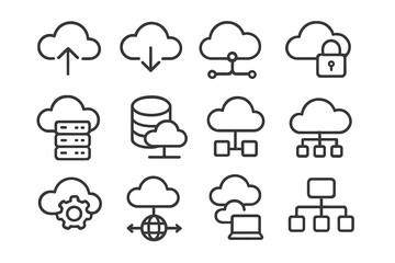 Leinwandbilder - Cloud computing web icon set in line style. Collection of cloud service and network linear icons, including server, database, technology, networking, download, upload, security