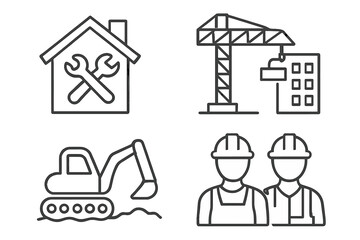 Poster - Construction line icon set for web and mobile app. Building industry vector symbols. Features home repair tools, building crane, land excavator, and builder worker avatars.