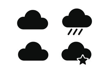 Poster - Cloud weather icon set. Flat black vector silhouette symbols of clouds, rain, and starry night. Modern weather forecast pictograms. Transparent PNG vector illustration elements