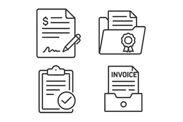 Poster - Set of business document icons in thin line style. Vector symbols of financial contract, quality certificate, approved checklist and payment invoice for web and apps design.