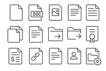Leinwandbilder - Document and file web icon set in thin line style. Collection of linear symbols: format, image, text, paper, folder, certificate, invoice, share, link, user, settings.