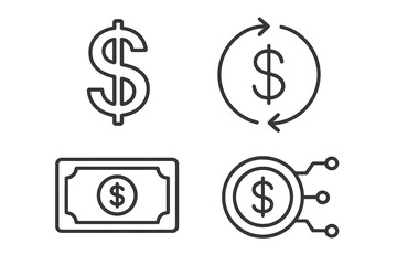 Poster - Dollar money icon set in thin line style. Vector graphic collection of finance concepts. Includes dollar sign, currency exchange, cash banknote, digital coin, and payment symbols.