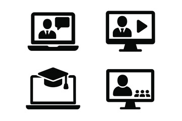 Poster - E-learning icon set for online education. Distance learning, video tutorial, webinar, school, university concept. Solid glyph icons for virtual classroom and web mobile app.