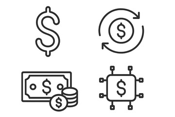 Poster - Set of money line icons. Dollar sign, currency exchange, cash, bank note, coins, and fintech chip symbols. Business and finance concept. Vector illustration collection.