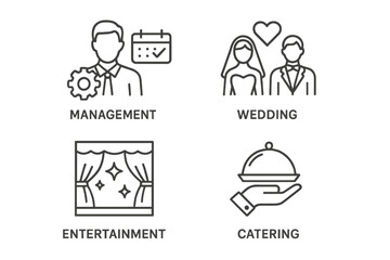 Poster - Event planning set of 4 linear web icons, event organization symbols for web and mobile apps, featuring management, wedding, entertainment, catering, invitations, and more
