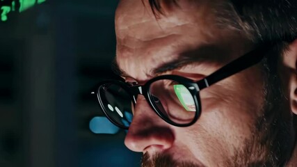 Intense programmer analyzing data code reflections in glasses frame by frame