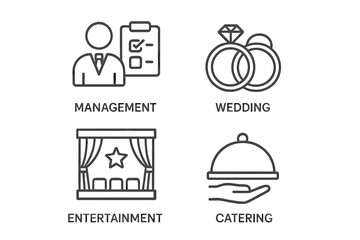 Leinwandbilder - Event planning icon collection. Set of 4 linear web icons for event organization. Management, wedding rings, entertainment stage, catering service, invitations vector symbols.