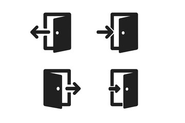 Poster - Login and Logout Icons Set. Four Door Symbols with Enter and Exit Arrows. Sign In, Sign Out, Open and Close Door Concepts. Black Vector Icons, User Interface, Web, App, Trendy Flat Style