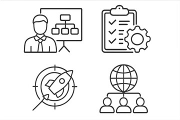 Poster - Business Meeting and Webinar Line Icons Set. Conference, Teamwork, Project Management, Online Collaboration, Leadership, Strategy, Global Network, Startup, Checklist, Organization