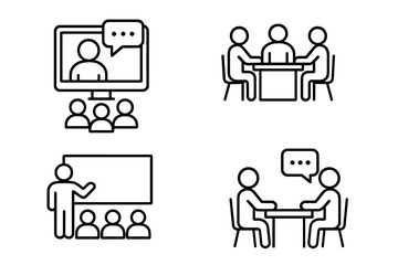Poster - Set of 4 Line Style Meeting Icons for Web and Mobile Apps, Live Webinar, Conference, Business Meeting, Classroom, Team Collaboration, Interview, Online Communication Symbols