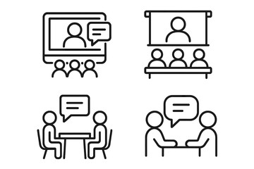 Poster - Business Meeting and Webinar Line Icons Set. Virtual Conference, Team Discussion, Interview, Classroom, Online Communication, Collaboration, Web, Mobile App, Outline Vector