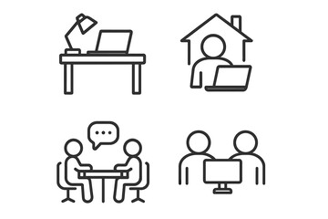 Poster - Office and coworking icon set. Remote working, home office, team collaboration, face-to-face meeting, coworker communication, desk workspace vector line icons