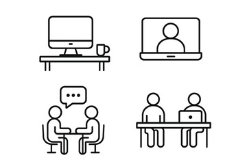 Poster - Office and coworking icon set in modern line style. Remote working, team meeting, coworker discussion, workspace desk, online communication, video call, business collaboration