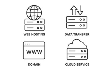 Poster - Web hosting service icons set. Line style symbols of domain registration, cloud computing, data exchange, internet server storage, transfer and webspace. Digital tech concept