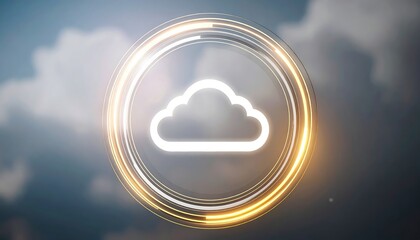Poster - Cloud computing icon illuminated with golden light emanating against a soft focus cloudy sky symbolizing modern digital technology and data storage solution.