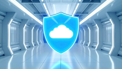 Poster - A futuristic corridor background highlights a glowing blue shield with a white cloud at its center, representing data protection and cloud computing security online.