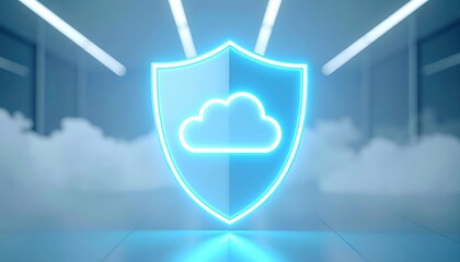 Poster - Glowing cloud security shield with bright blue outline sits in futuristic setting, protecting data with digital technology against online threats in cyberspace.