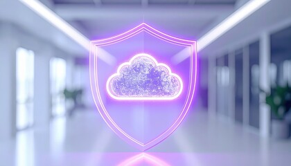 Poster - The glowing neon cloud inside a shield represents secure data storage and cloud computing in a bright modern office environment, symbolizing digital protection.