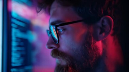 Man with glasses looking at screen with code, neon colorful light