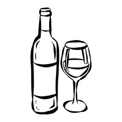 Aufkleber - Whimsical chalk doodles of wine glass and bottle. Quirky icons of breakfast and dinner meals in crayon style. Crayon drawing for menus and invitations. La dolce vita italian vector illustration