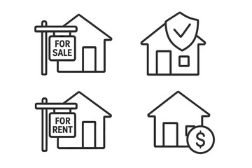 Poster - Real estate icons set. House for sale, home for rent signs. Property insurance, security symbol. Home investment, mortgage, finance concept. Vector line art illustration.