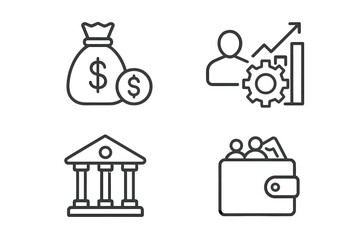 Poster - Business finance thin line icons. Money bag, business process growth, bank building, and teamwork wallet. Concept for web design and mobile app. Human resources, payment.