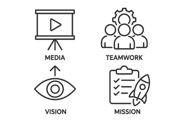 Poster - Business management line icon set. Core values concept. Media, teamwork, vision, mission icons. Corporate strategy, planning, startup success. Thin outline vector symbol.