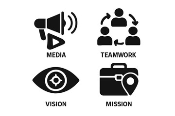 Poster - Business management icon set. Solid glyph symbols for corporate strategy, planning, and marketing. Includes teamwork, media, vision, and mission concepts for web and mobile.