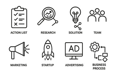 Poster - Business strategy and startup thin line icon set. Vector symbols for marketing, research, solution, teamwork, advertising, process. Simple signs for web and mobile app design.