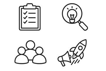 Poster - Business strategy and startup launch icon set. Vector symbols for planning, research, teamwork, and marketing. Thin line icons for web and mobile applications.