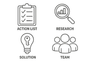 Poster - Business strategy icon set. Thin line style for web and mobile apps. Action list, data research, creative solution, and team collaboration. Vector for startup marketing.