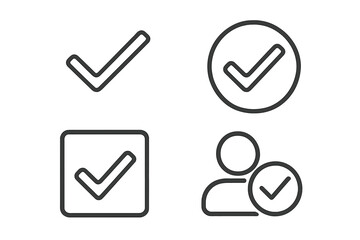 Poster - Check mark icon set. Line art web and mobile app icons. Approve, validation, quality check, and user verification symbols. Tick, checkbox, and approved user pictogram collection.