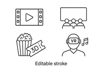 Poster - Cinema and movie linear icons set. Film industry entertainment symbols collection. Editable stroke outline pictograms. Video player, theater, popcorn, 3D ticket, VR headset.
