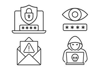 Poster - Cyber Security Line Icons Set. Password Protection, Hacker Attack, Phishing Email Alert, Data Privacy, Secure Login, Shield Lock, Network Safety, Technology Threats, Internet Safety