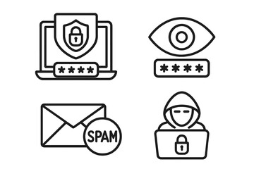 Poster - Cyber Security Line Icons Set. Internet Protection, Data Security, Password Privacy, Spam Email, Hacker Threat, Shield, Lock, Eye, Envelope, Hooded Figure, Modern Web Technology