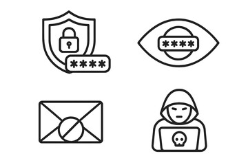 Poster - Cyber Security Vector Icons Set. Password Protection, Data Encryption, Network Safety, Hacker, Phishing, Shield, Lock, Eye, Envelope. Line Style. Internet Security, Web, Mobile App